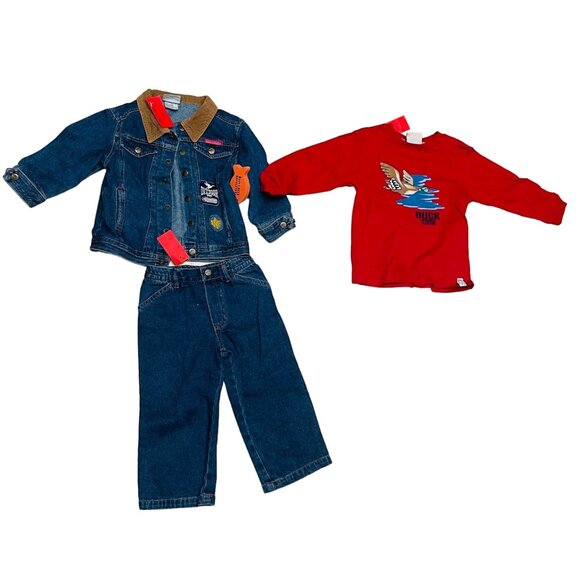 Vintage Bass Creek Outfitters Toddler Denim Jacket & Jeans Set Red Long Sleeve T - Picture 1 of 7